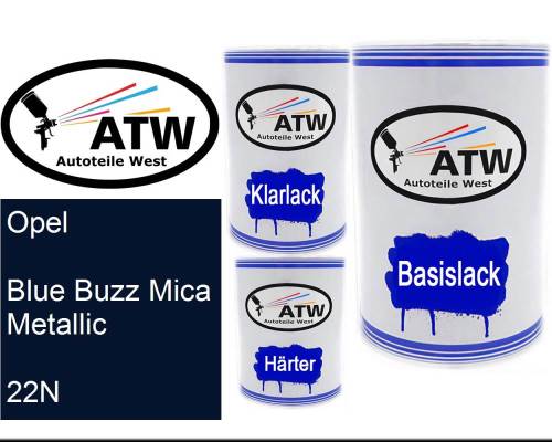 Opel, Blue Buzz Mica Metallic, 22N: 500ml Lackdose + 500ml Klarlack + 250ml Härter - Set, von ATW Autoteile West.